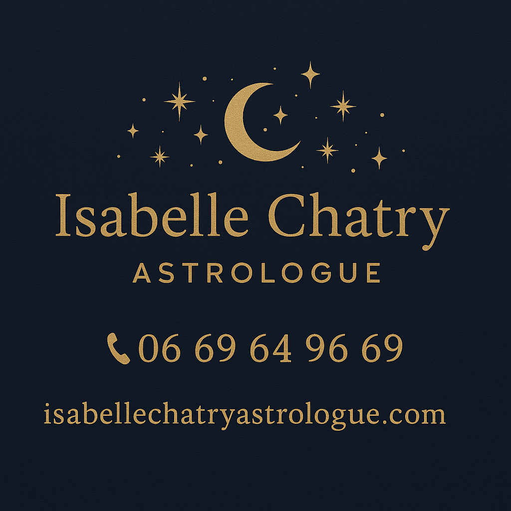logo d isabelle chatry astrologue avec n°téléphone avec dessin de lune et étoiles